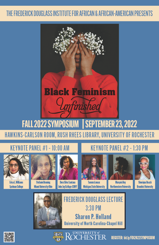 The event poster featuring a Black woman covering her eyes with her hands which are holding bouquets of Baby's Breath, the event title, and event sponsor.
