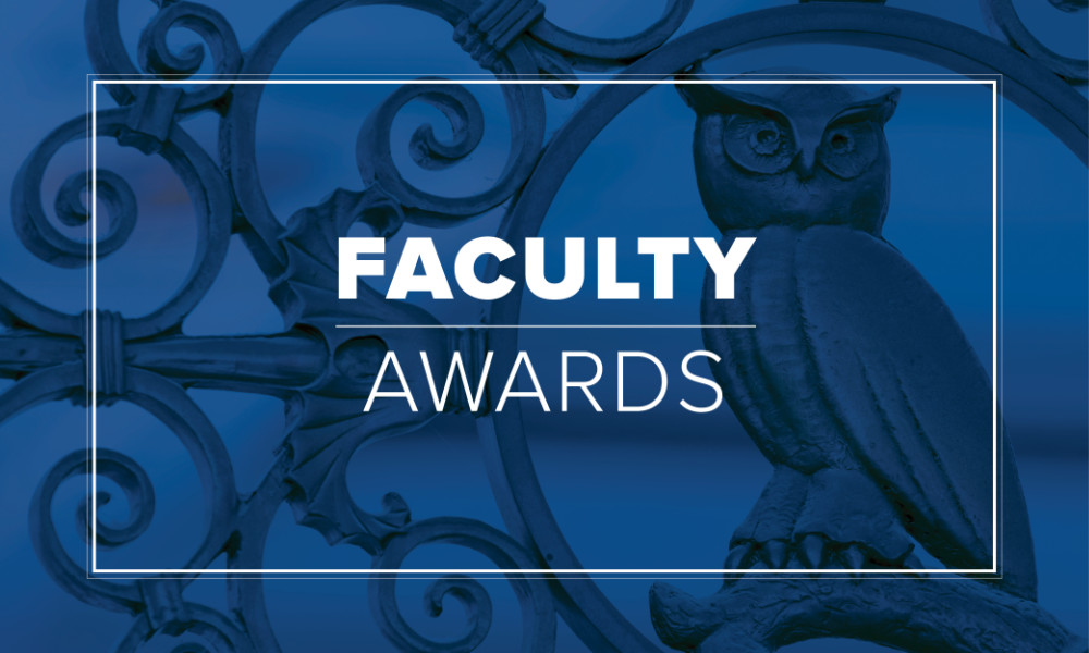 Faculty Awards printed in white letters over a faded blue image an owl and scrollwork.