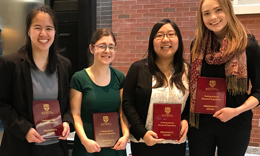 President's Award winners, from left to right, Lauren Oey ’18, Harrah Newman ’18, Yiyun Huang ’18, and Perry DeMarche ’18 were honored at the 2018 Undergraduate Research Exposition. (University of Rochester photo / Lindsey Valich)