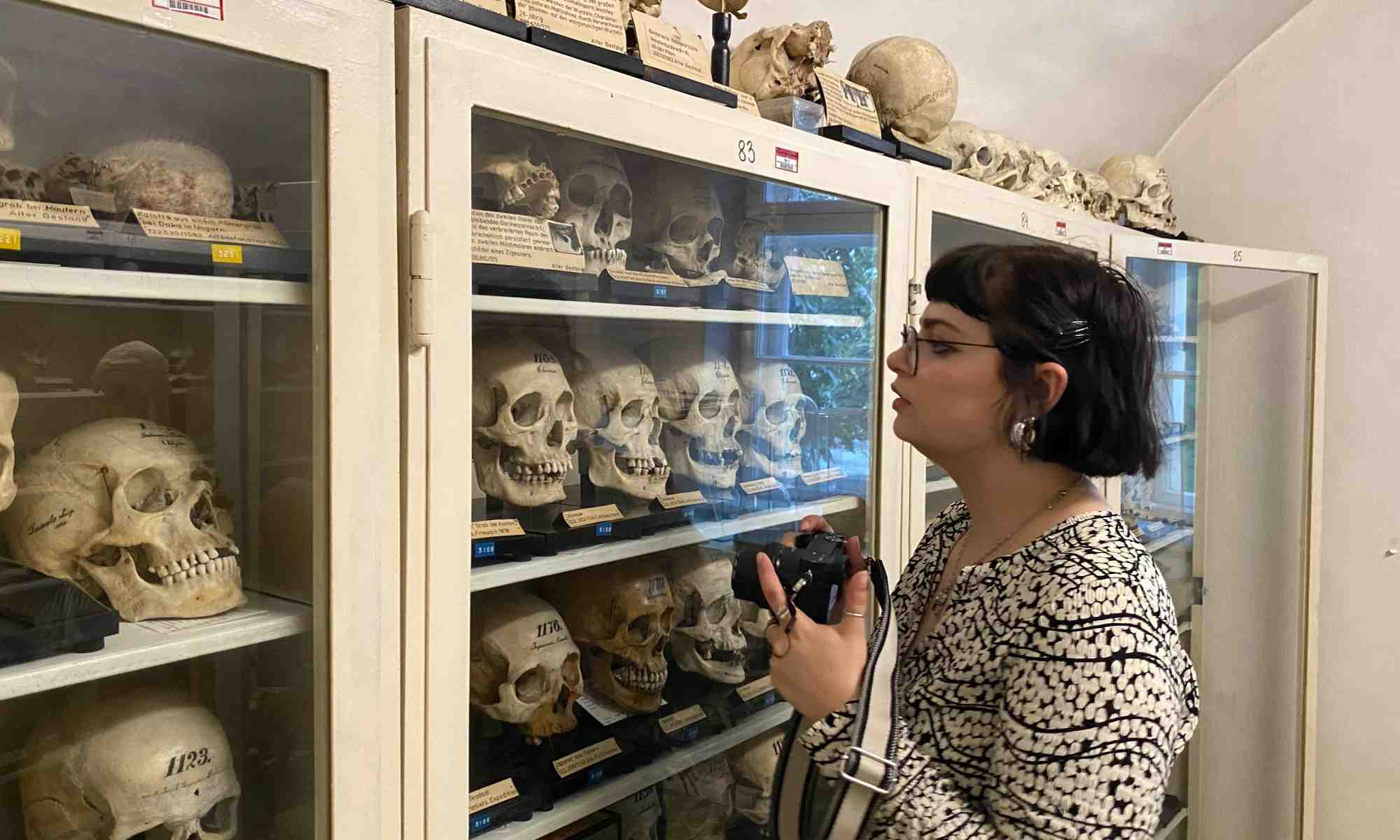 Rochester undergraduate Julia Granato photographing skulls in a collection.