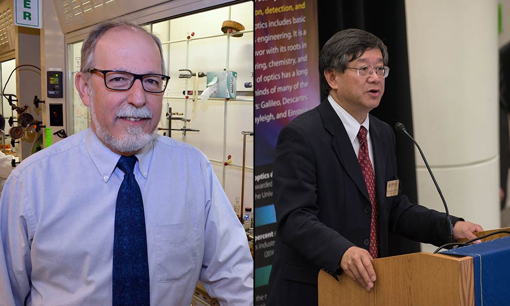 William Jones of the Department of Chemistry, left, and Xi-Cheng Zhang of the Institute of Optics.