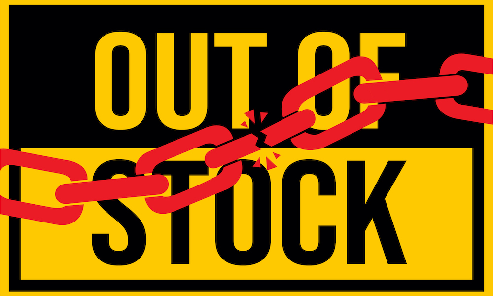 A graphic image of an 'Out of Stock' sign with a broken chain link in the foreground.