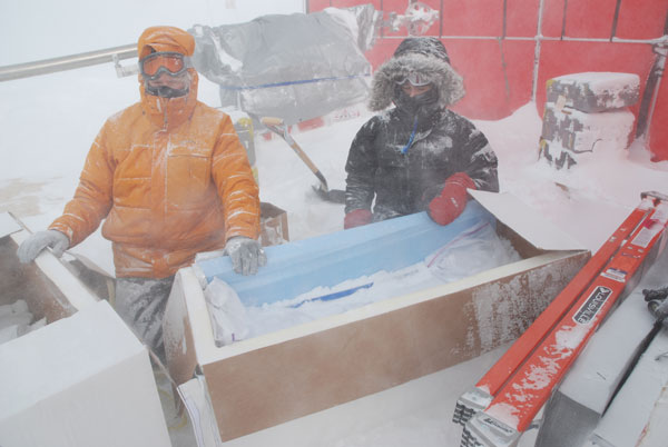Packing ice cores on a windy day