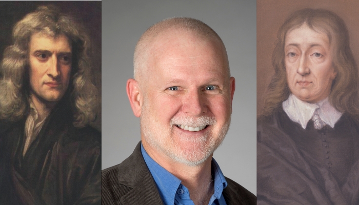 Headshot of Steve Fallon, flanked by Isaac Newton and John Milton