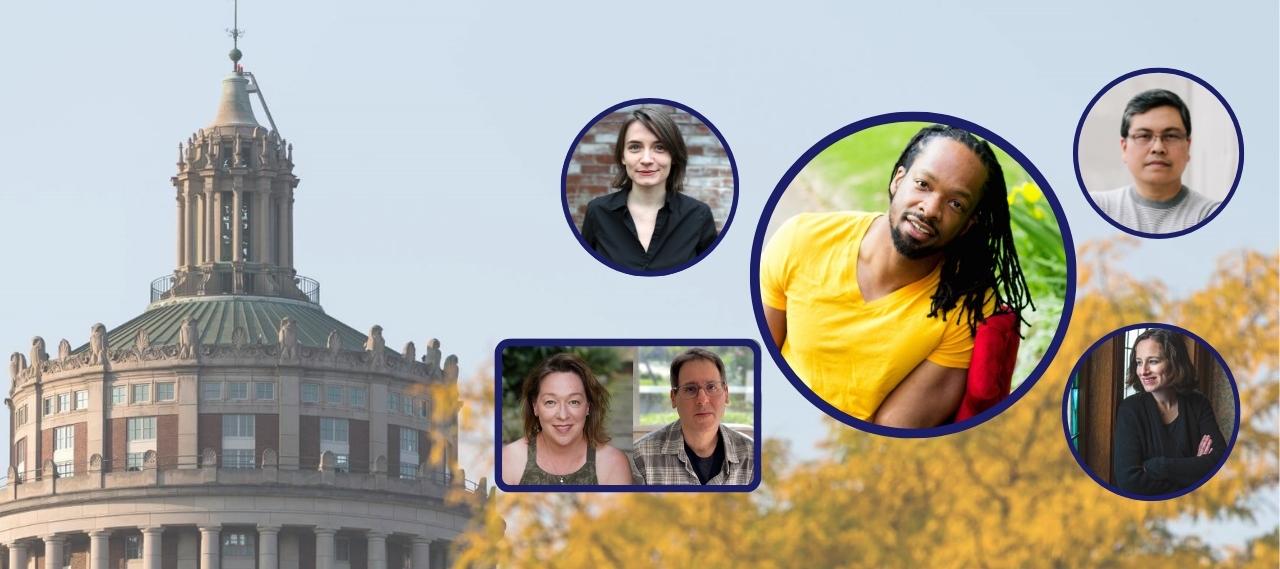 Headshots of the speakers for this season imposed over an exterior view of Rush Rhees Library.