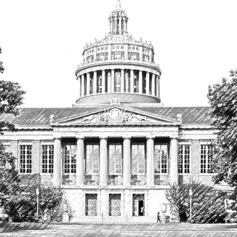 A line drawing of Rush Rhees Library.