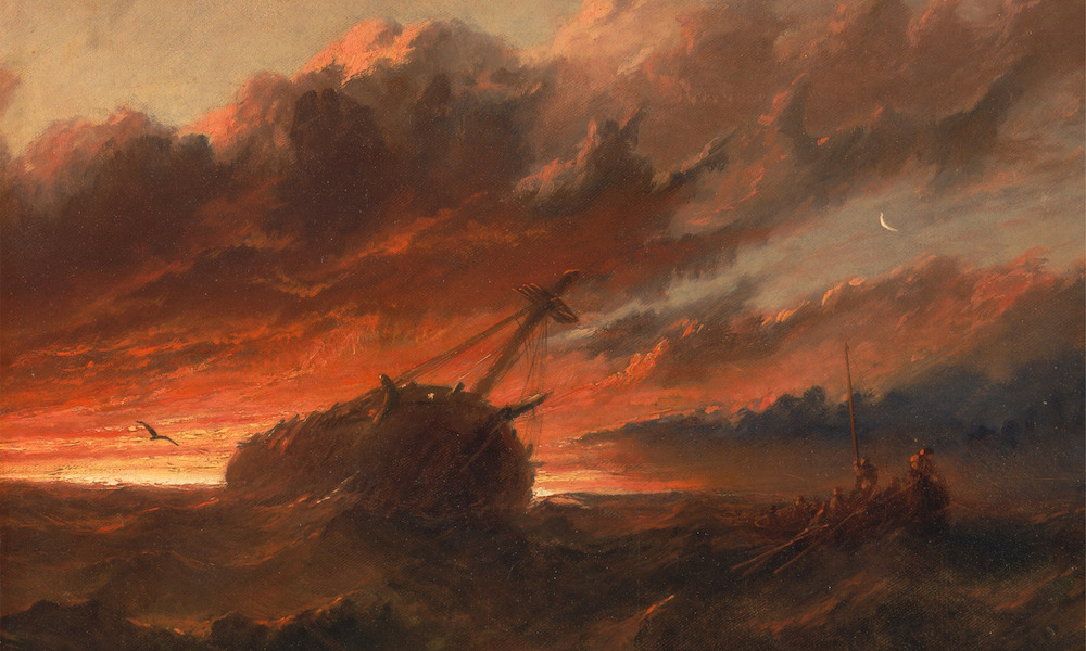 Painting of an 18th century ship in a storm, with the sky both red and dark.