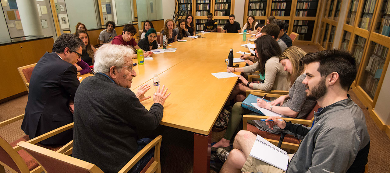 Institute professor emeritus at Massachusetts Institute of Technology and noted linguist, philosopher, and cognitive scientist Noam Chomsky meets with students from student politics reading group and class.