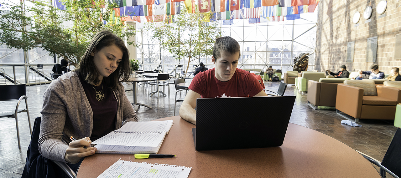 Two students working at a table together.