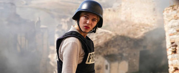 A still image from the movie of a person in riot gear.