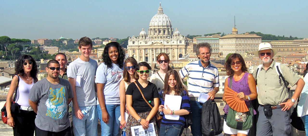 A group of students and professors abroad.