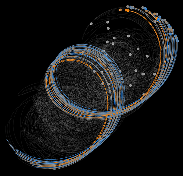 Swirling colored lines and dots on a black background.