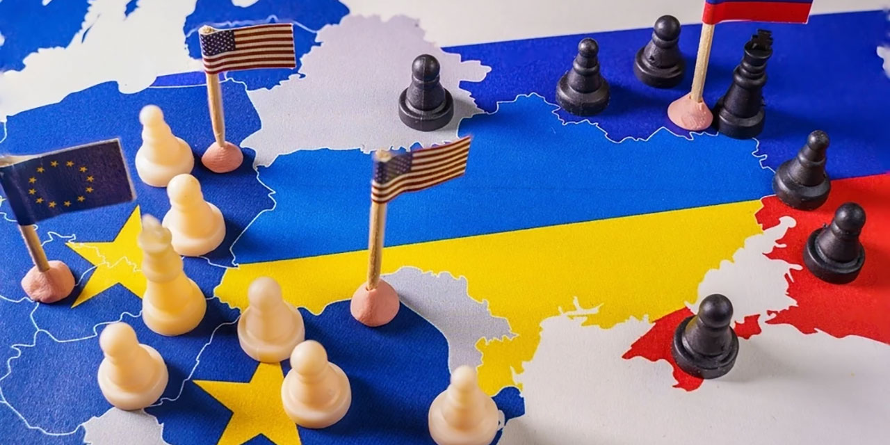 A map of central Europe with pawns and flags.