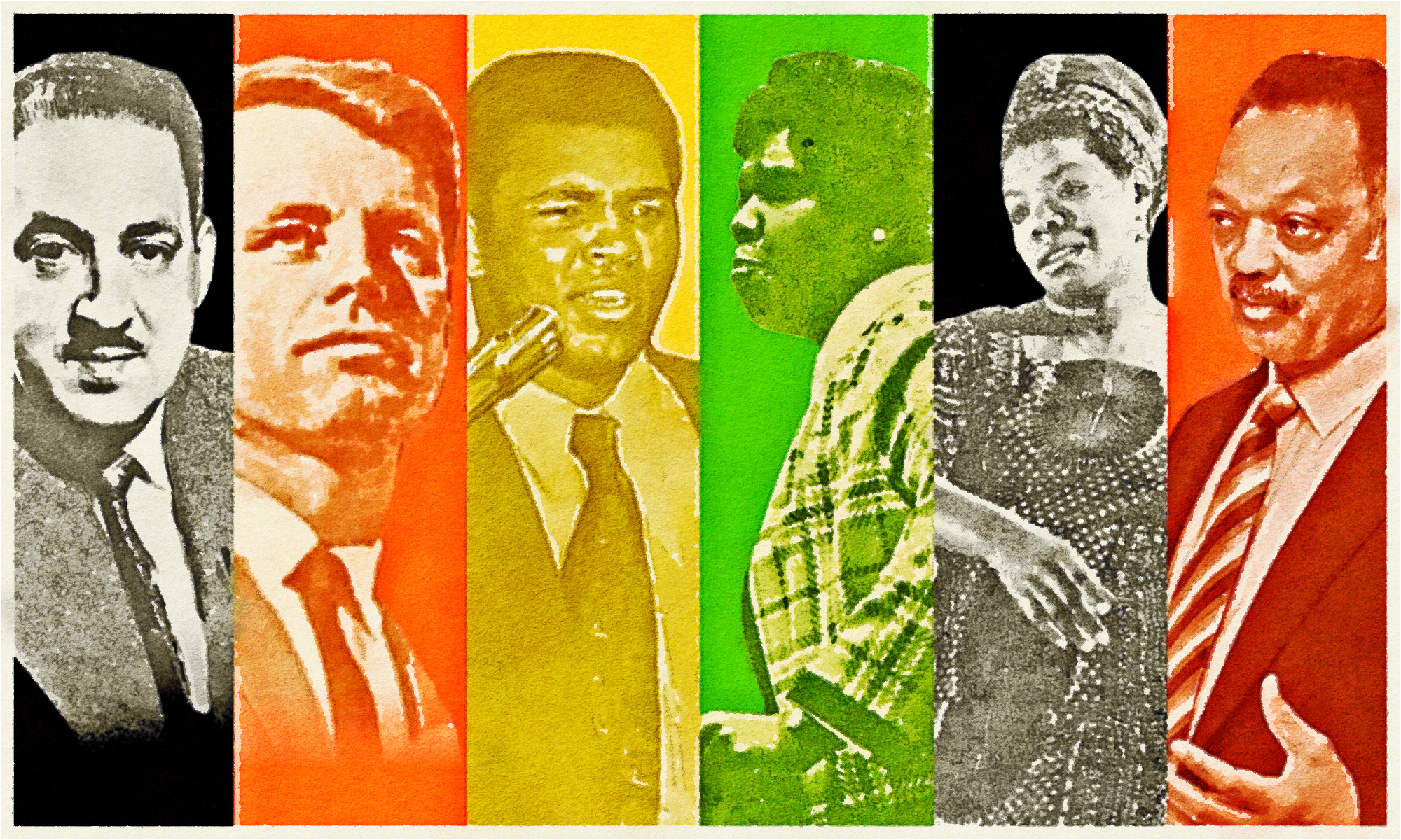 A photo illustration of six historical figures: Thurgood Marshall, Robert Kennedy, Muhammed Ali, Barbara Jordan, Maya Angelou, and Jesse Jackson.