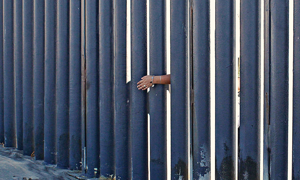 A hand showing through a fence.