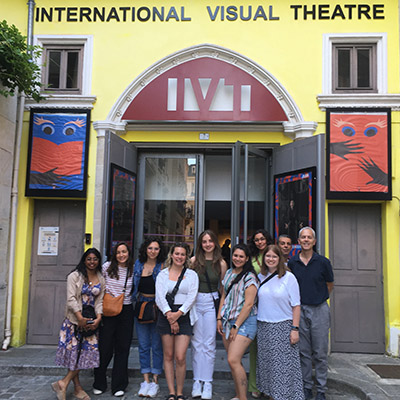Students in front of a theater in Paris.