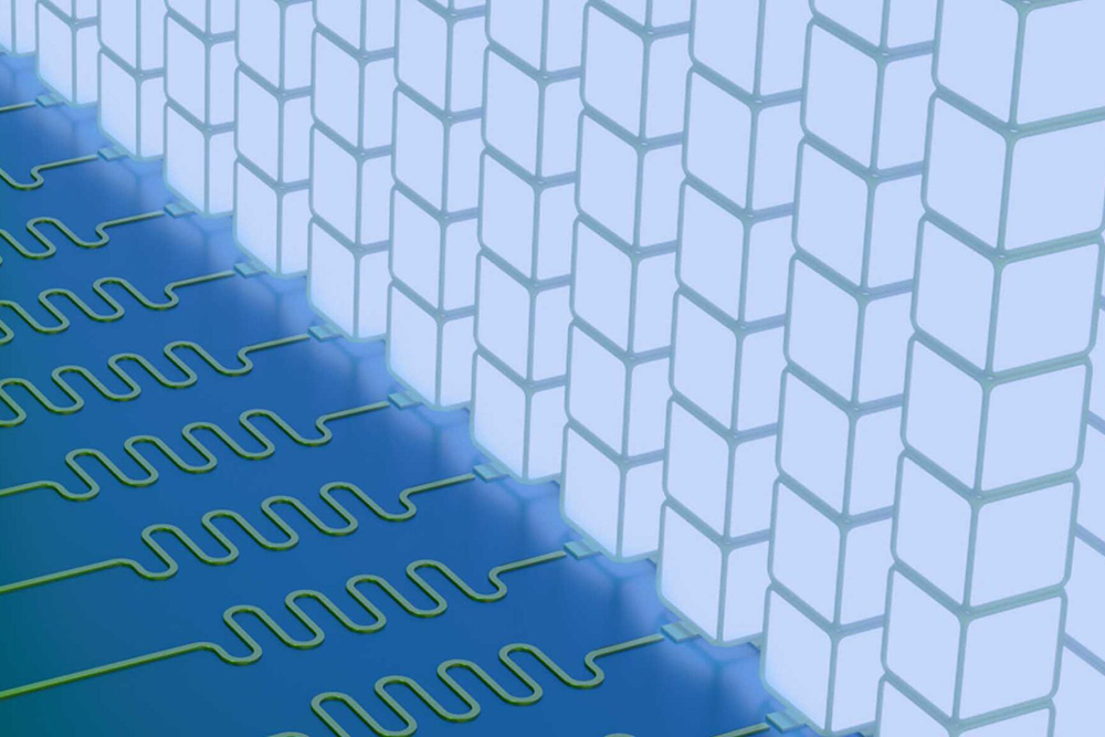 Illustration of a close-up of vertical stacks of light blue cubes representing qudits in Hilbert space connected at the bottom to circuitry.