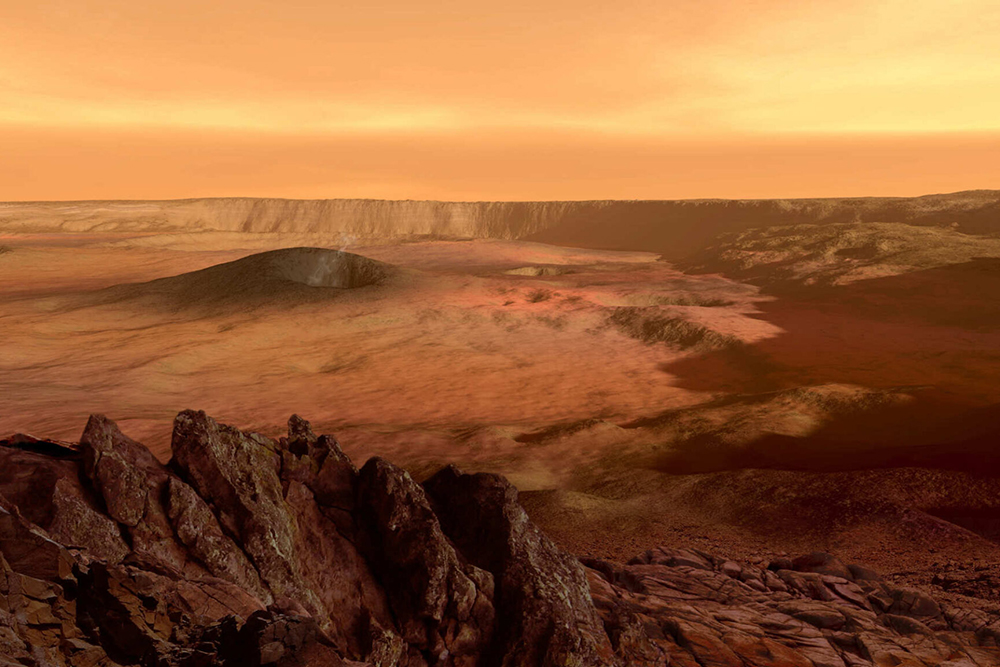 The view from the rim of the caldera of Olympus Mons on Mars, the largest volcano in the solar system.