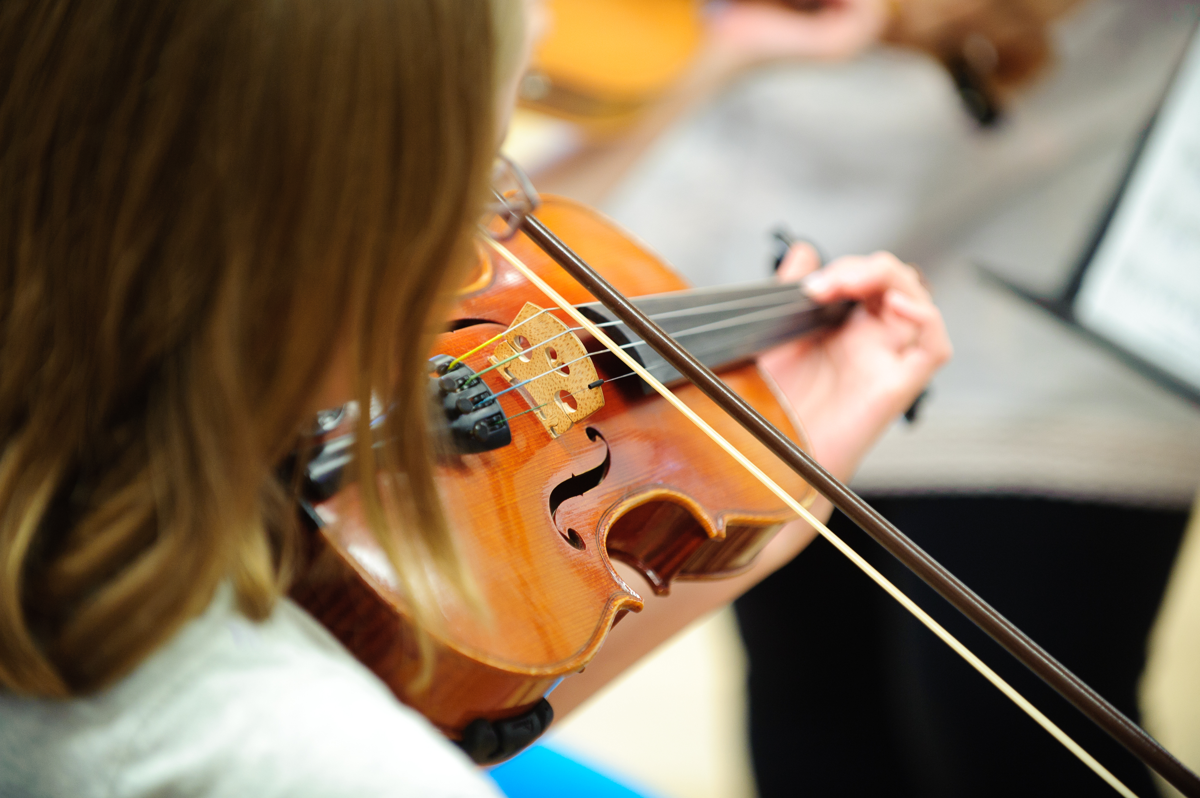 A person playing a violin as seen from behind.