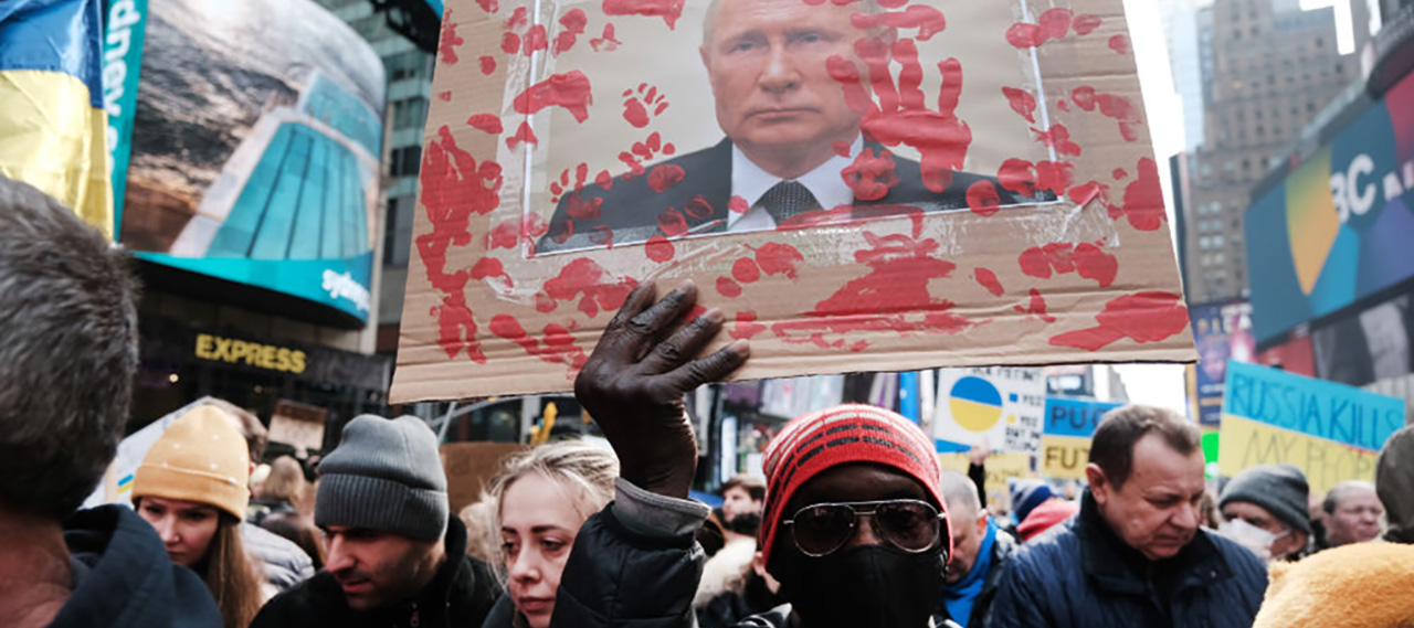 Hundreds of people gathered in Manhattan's Times Square in March to protest the Russian invasion of Ukraine.