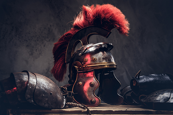 A computer-generated image of an ancient gladiator helmet with fringe and shoulder coverings.