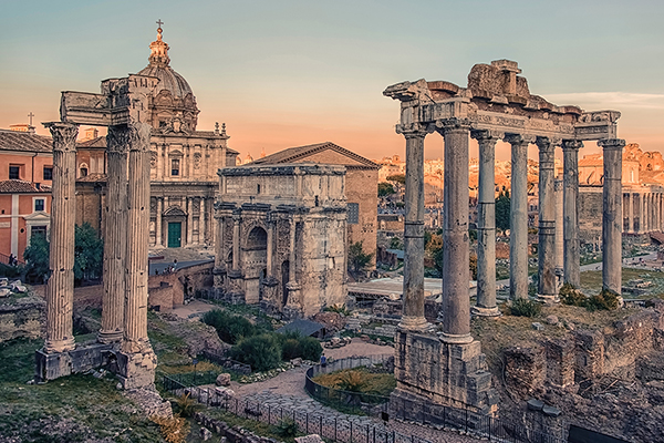 Ancient ruins of buildings.