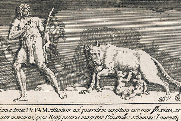 An illustration of two babies suckling from an animal with a hunter carrying a bow.
