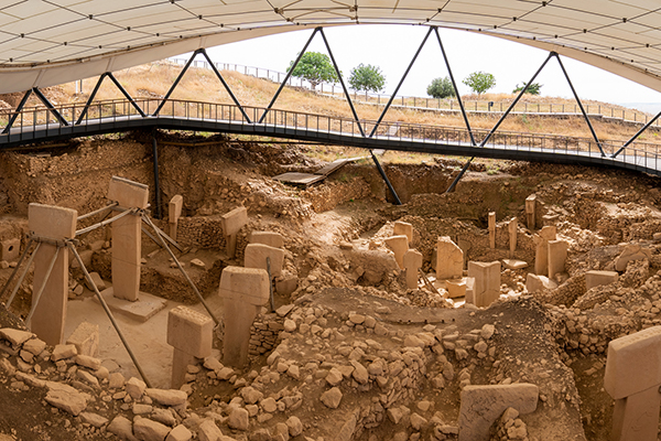 Overhead view of a covered archeological dig.