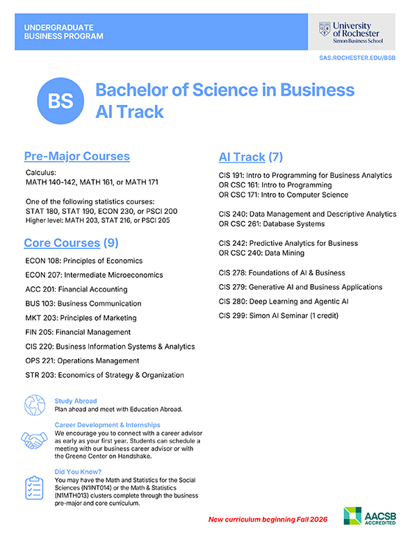 BS AI track overview and course requirements flyer.