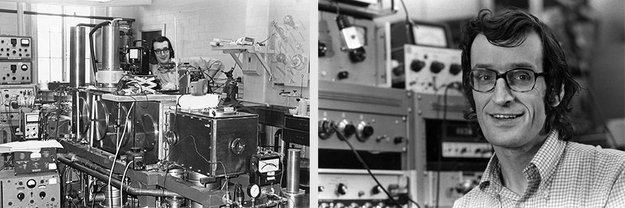 Prof. Muenter with 70's sideburns in Lattimore Hall lab with MBER machine.