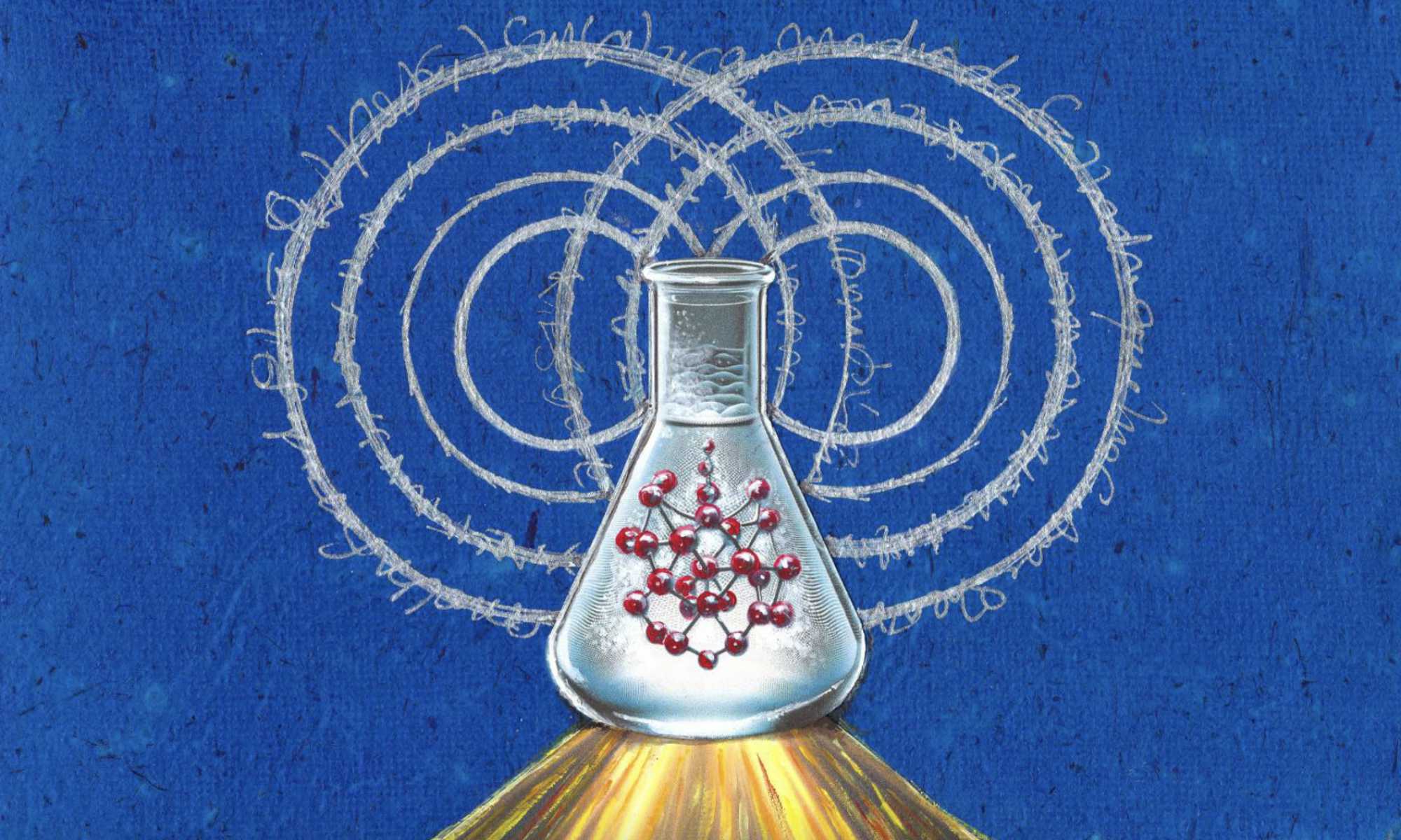 Mixed media illustration showing full chemical complexity of quantum decoherence.
