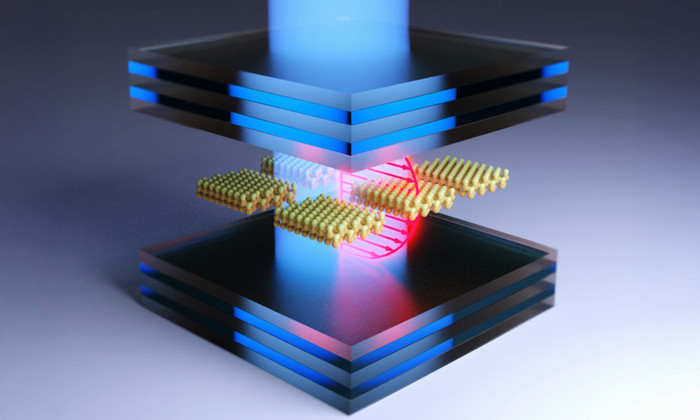 Illustration of nanoplatelets coupling to an optical cavity’s electric field, forming polariton, a hybrid light-matter state. 