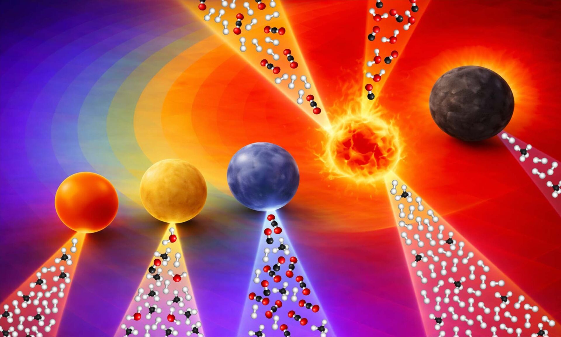 A colorful graphic of five spheres with rays coming off them.