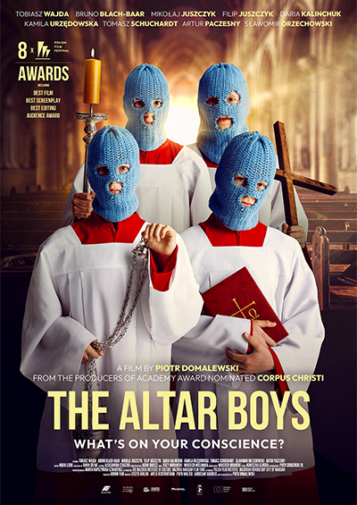 The movie poster featuring four altar boys with face masks.