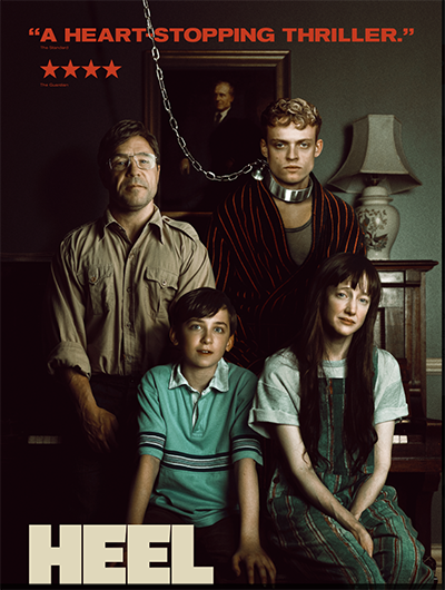 The movie poster featuring four people sitting for a portrait in their living room with one person being chained by the neck.