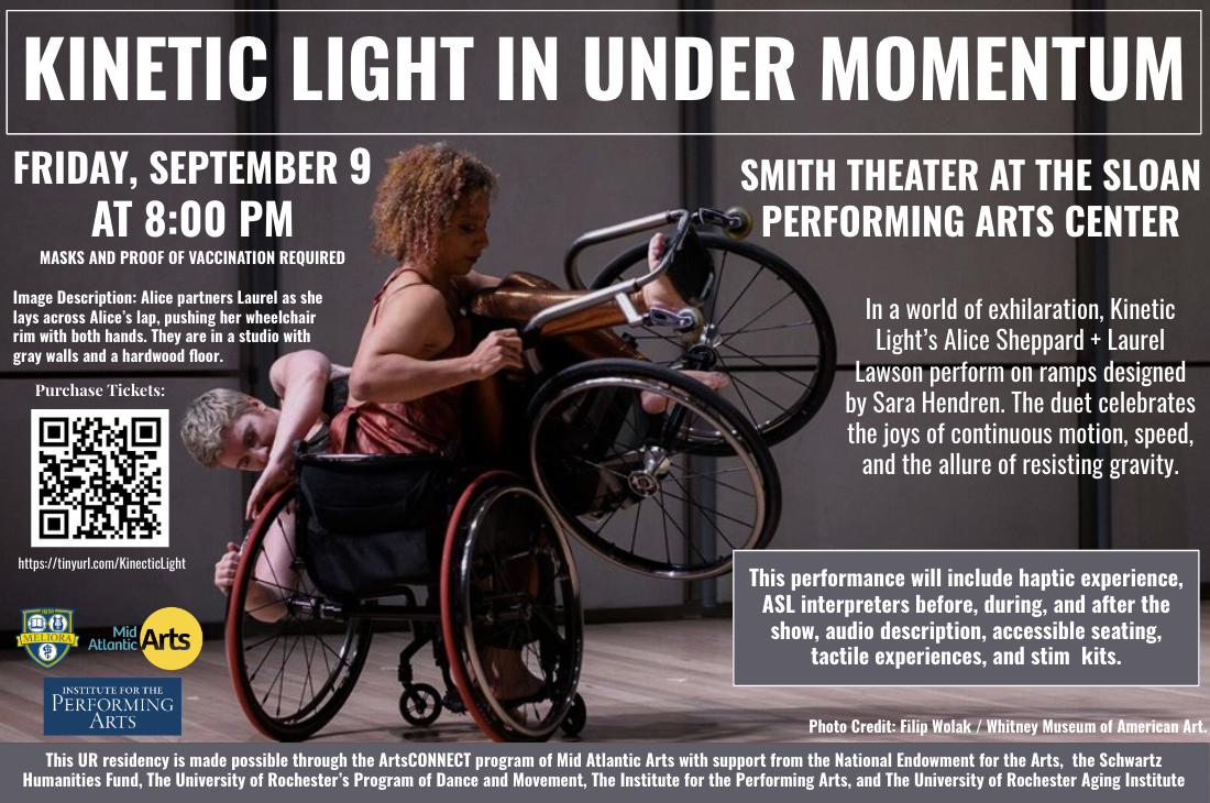The event poster featuring a background image of the performers: Alice partners Laurel as she lays across Alice's lap, pushing her wheelchair rim with both hands. They are in a studio with gray walls and a hardwood floor.