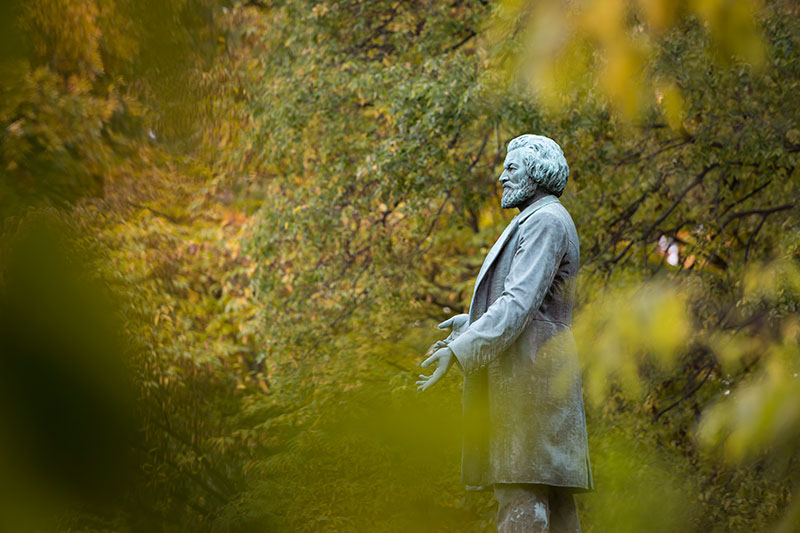 A statue of Frederick Douglass seen through some foliage.