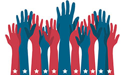 A graphic of raised red and blue hands with a line of white stars across the bottom.