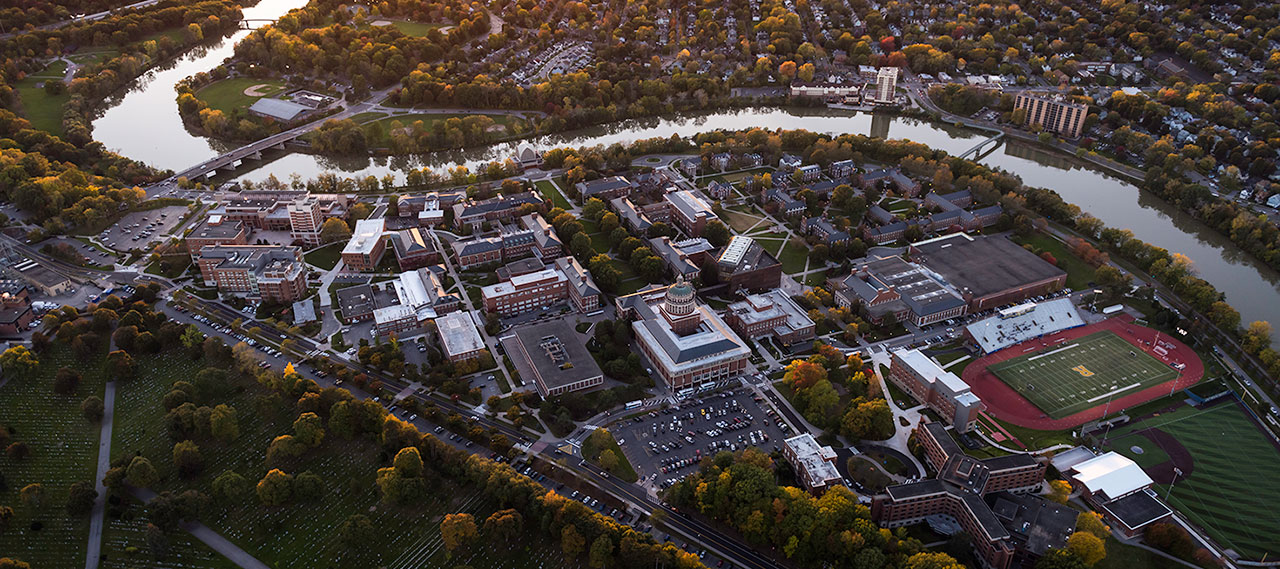An aerial view of River Campus at sunset.
