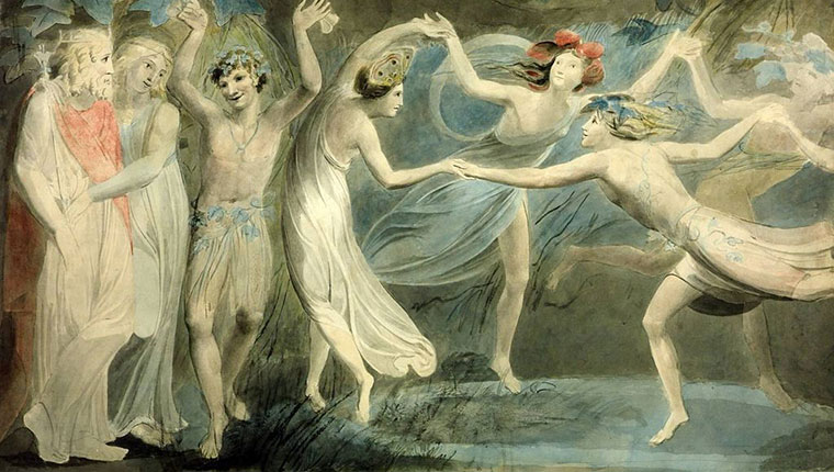 Oberon painting of Puck and fairies dancing in the forest.