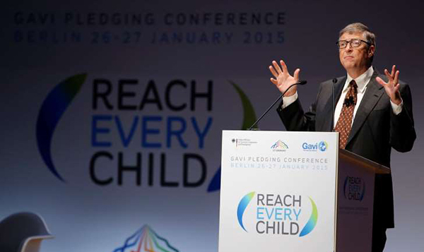 © REUTERS/Fabrizio Bensch Billionaire philanthropist Bill Gates addresses the audience of the Global Alliance for Vaccines and Immunisation (GAVI) conference in Berlin January 27, 2015.
