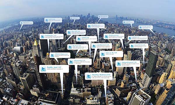aerial view of New York with twitter balloon captions