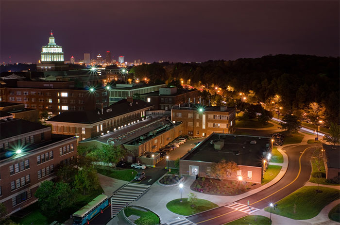 Aerial view of campus at night