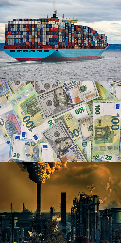 A collage of three images: a cargo ship stacked with shipping containers, bank notes from various countries, and a power plant.