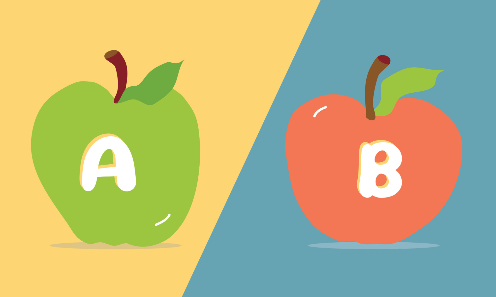 A green apple with an "A" on it against a yellow background, and a red apple with a "B" on it against a blue background to illustrate and explains what is school choice.