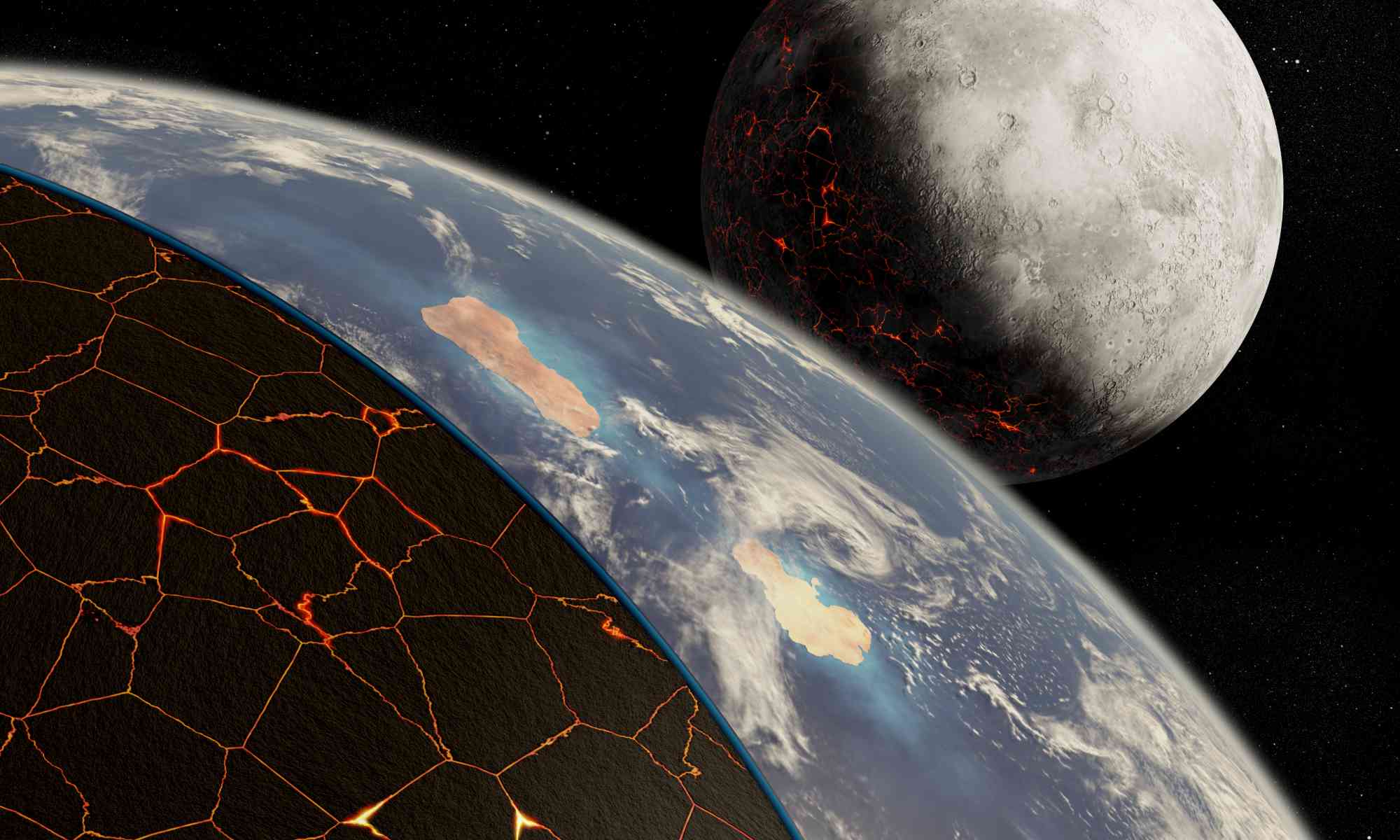 Artist's rendering of planet Earth with top layer removed to reveal underlying plate tectonics, seen from space with the moon in the background.