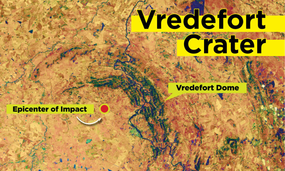 NASA Earth Observatory image of the Vredefort Crater by Lauren Dauphin. University of Rochester illustration indicating the epicenter of impact by Julia Joshpe.
