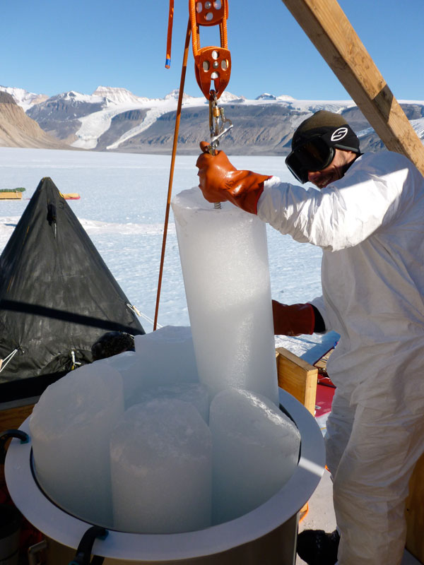 Vasilii Petrenko processing ice cores on Taylor Glacier, Antarctica