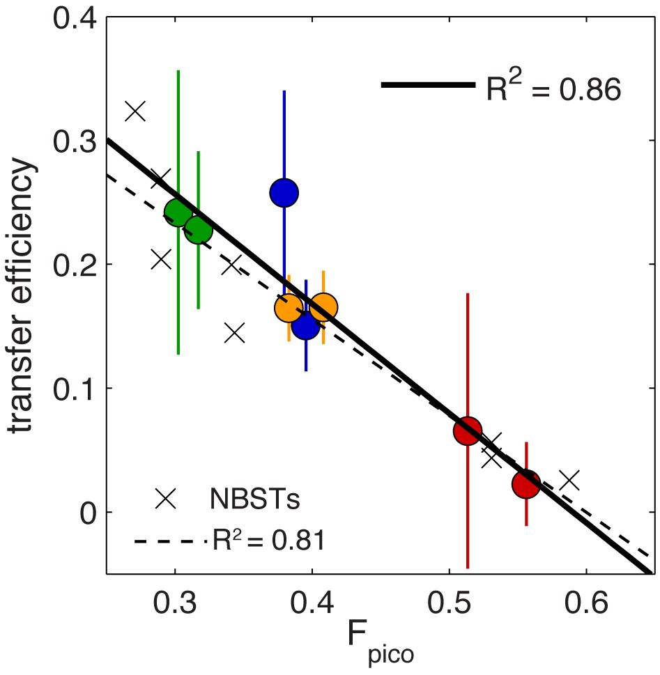 Relationship between organic particle transfer efficiency to the deep ocean, and the contribution of small picoplankton to organic matter production (Fpico). Colored dots showparticle fluxes reconstructed in an ocean, crosses show data from Neutrally Buoyant Sediment Traps (NBSTs). 