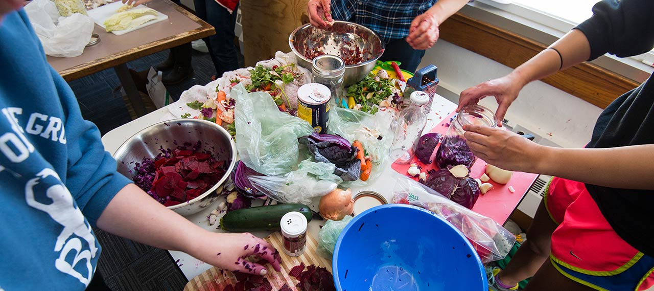 Students participating in a fermentation workshop